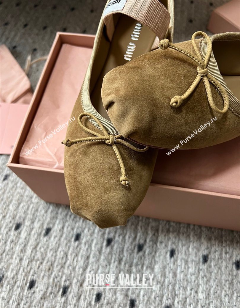 Miu Miu Suede Ballerinas Flat with Bow and Elastic Band Olive Green 2025 5F794D (KL-251025041)