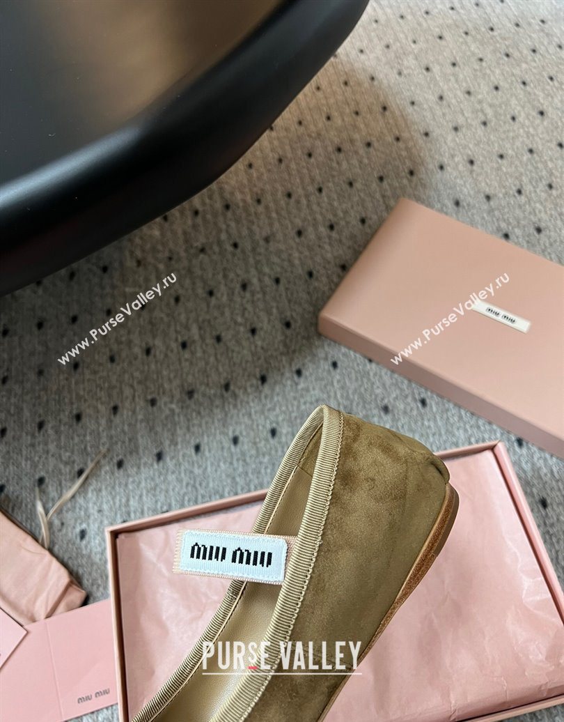 Miu Miu Suede Ballerinas Flat with Bow and Elastic Band Olive Green 2025 5F794D (KL-251025041)