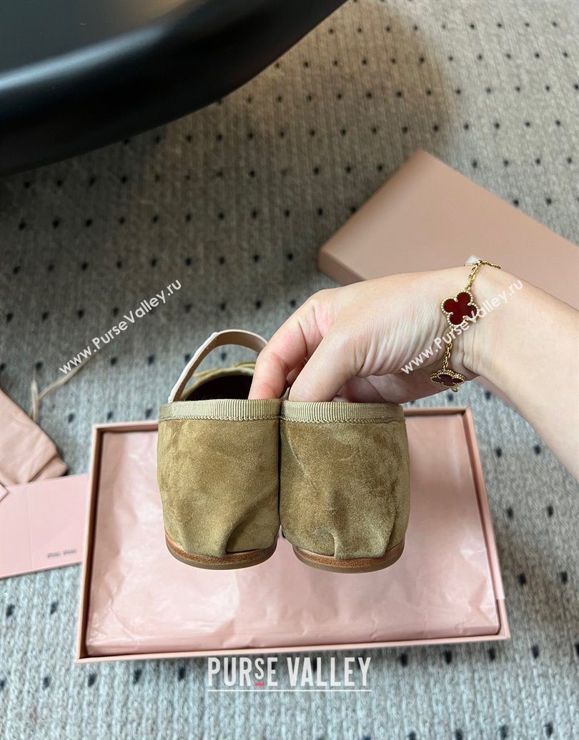Miu Miu Suede Ballerinas Flat with Bow and Elastic Band Olive Green 2025 5F794D (KL-251025041)