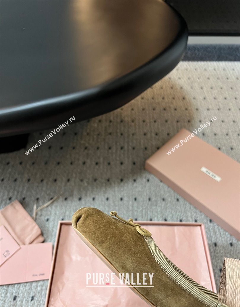 Miu Miu Suede Ballerinas Flat with Bow and Elastic Band Olive Green 2025 5F794D (KL-251025041)