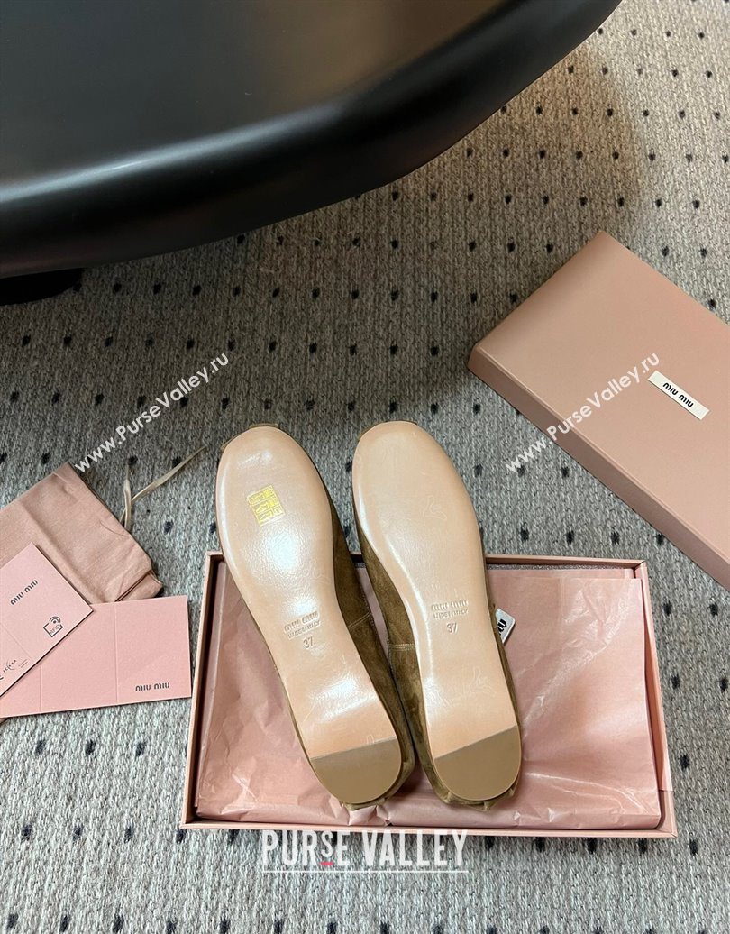 Miu Miu Suede Ballerinas Flat with Bow and Elastic Band Olive Green 2025 5F794D (KL-251025041)