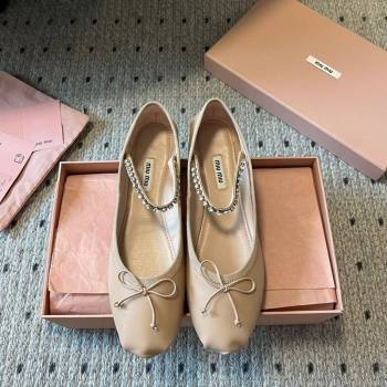 Miu Miu Leather Ballerinas Flat with Bow and Strass Band Beige 2025 5F794D (KL-251025044)