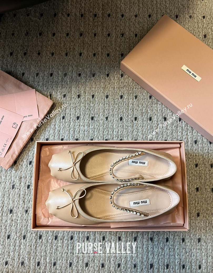 Miu Miu Leather Ballerinas Flat with Bow and Strass Band Beige 2025 5F794D (KL-251025044)