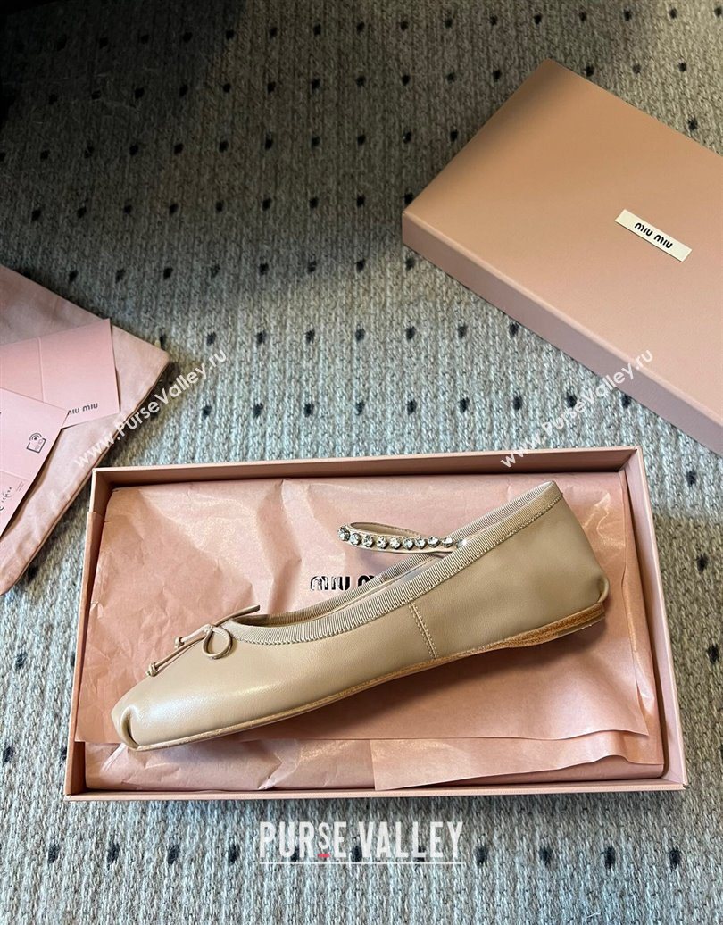 Miu Miu Leather Ballerinas Flat with Bow and Strass Band Beige 2025 5F794D (KL-251025044)