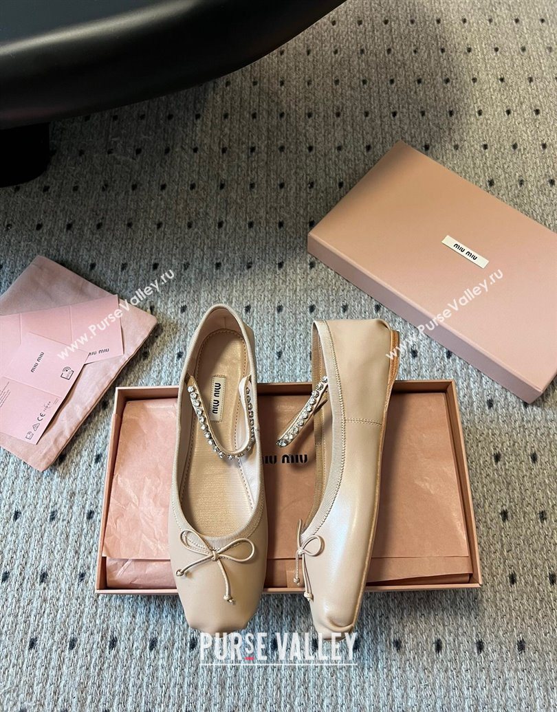 Miu Miu Leather Ballerinas Flat with Bow and Strass Band Beige 2025 5F794D (KL-251025044)