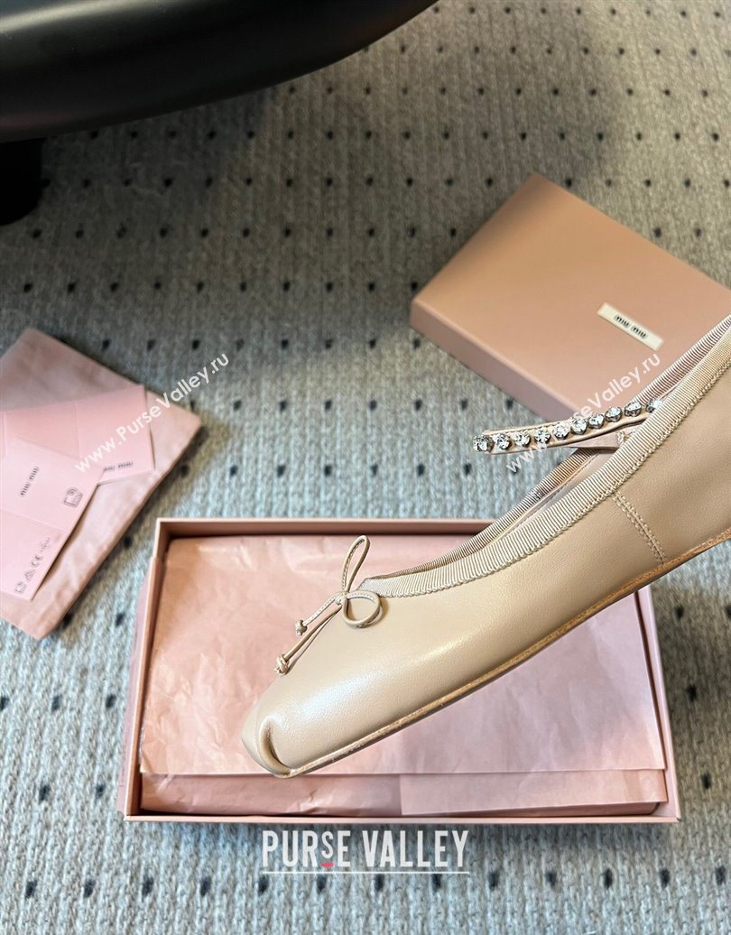 Miu Miu Leather Ballerinas Flat with Bow and Strass Band Beige 2025 5F794D (KL-251025044)