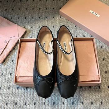 Miu Miu Leather Ballerinas Flat with Bow and Strass Band Black 2025 5F794D (KL-251025045)