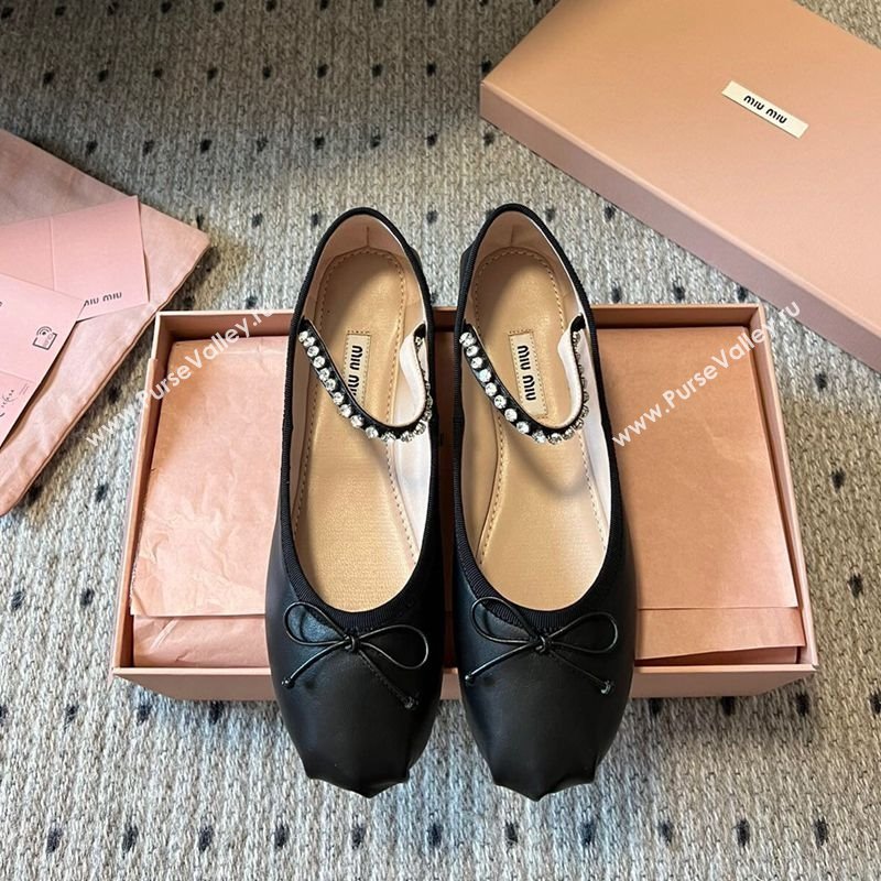 Miu Miu Leather Ballerinas Flat with Bow and Strass Band Black 2025 5F794D (KL-251025045)