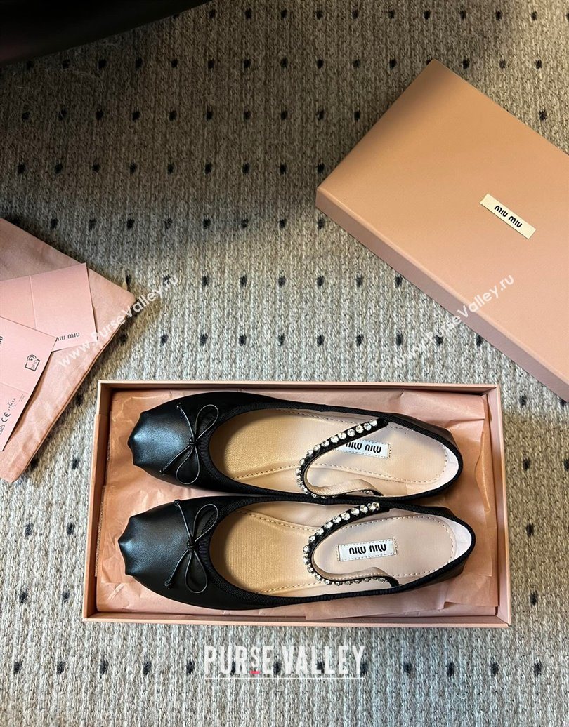 Miu Miu Leather Ballerinas Flat with Bow and Strass Band Black 2025 5F794D (KL-251025045)