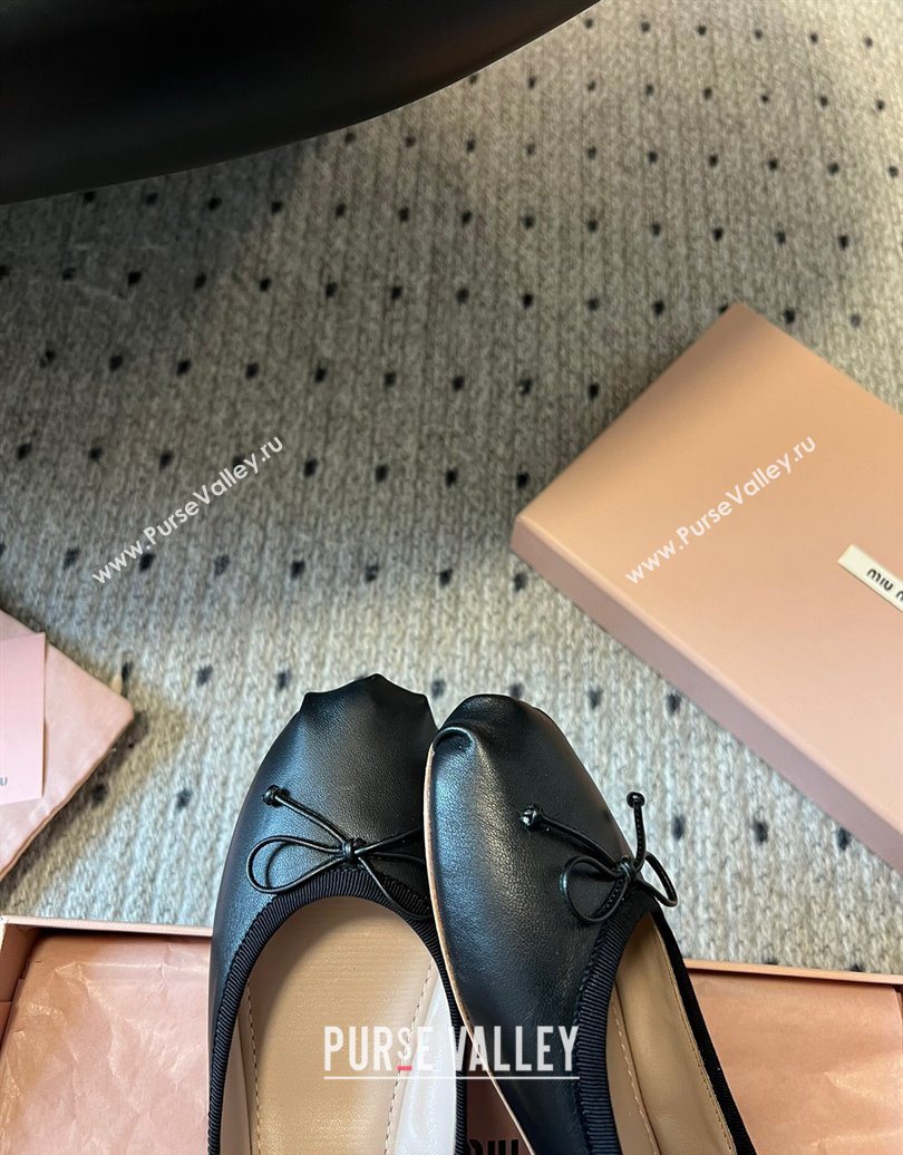 Miu Miu Leather Ballerinas Flat with Bow and Strass Band Black 2025 5F794D (KL-251025045)