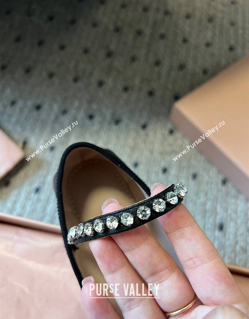 Miu Miu Leather Ballerinas Flat with Bow and Strass Band Black 2025 5F794D (KL-251025045)