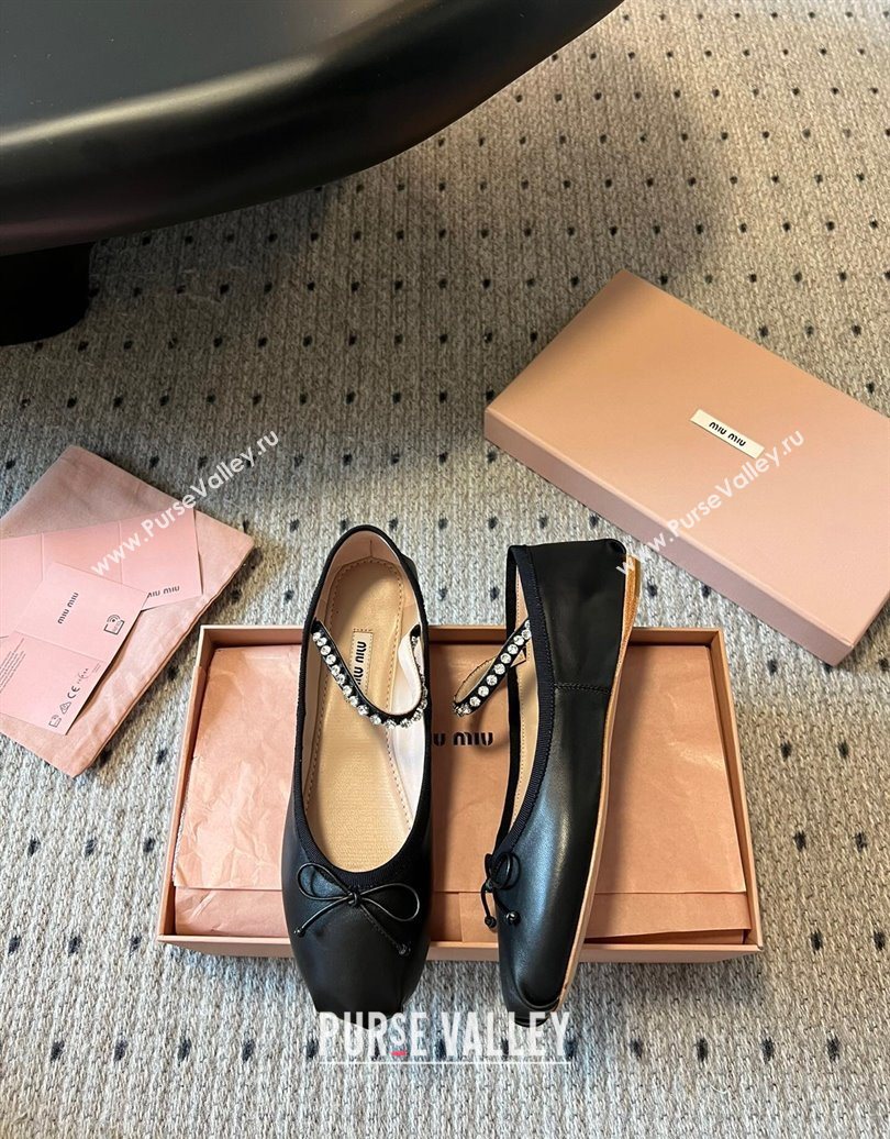 Miu Miu Leather Ballerinas Flat with Bow and Strass Band Black 2025 5F794D (KL-251025045)