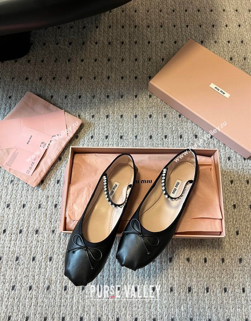 Miu Miu Leather Ballerinas Flat with Bow and Strass Band Black 2025 5F794D (KL-251025045)