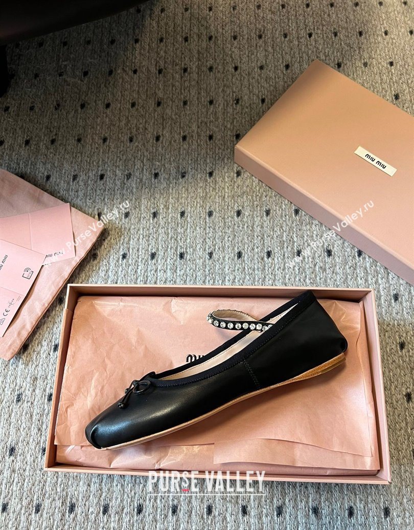 Miu Miu Leather Ballerinas Flat with Bow and Strass Band Black 2025 5F794D (KL-251025045)