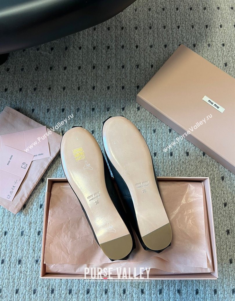 Miu Miu Leather Ballerinas Flat with Bow and Strass Band Black 2025 5F794D (KL-251025045)