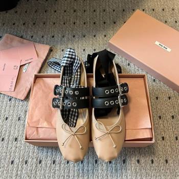 Miu Miu Nappa and Calf Leather Ballerinas Flat with Double Buckle and Laces Beige 2025 5F466A (KL-251025046)