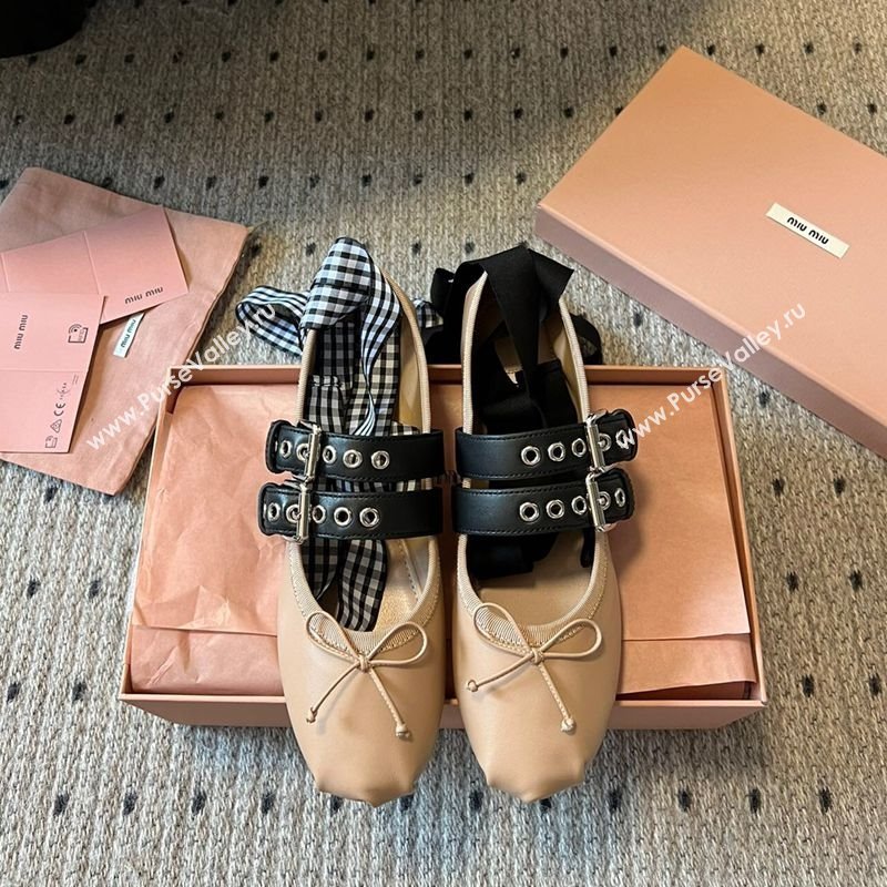 Miu Miu Nappa and Calf Leather Ballerinas Flat with Double Buckle and Laces Beige 2025 5F466A (KL-251025046)