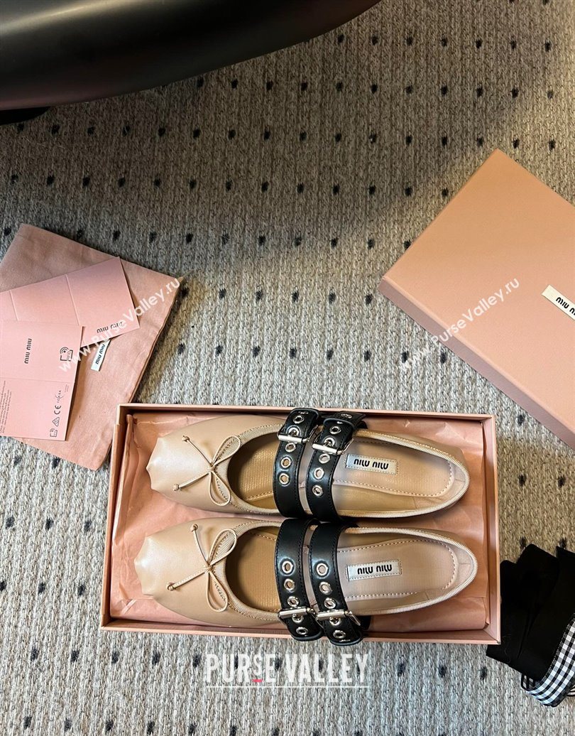 Miu Miu Nappa and Calf Leather Ballerinas Flat with Double Buckle and Laces Beige 2025 5F466A (KL-251025046)