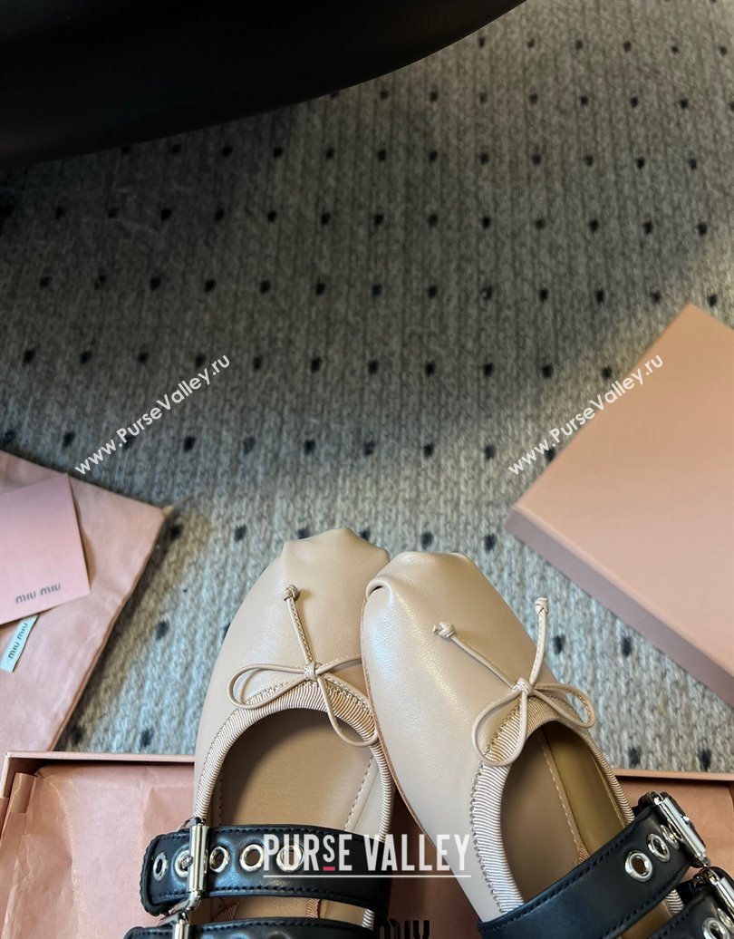Miu Miu Nappa and Calf Leather Ballerinas Flat with Double Buckle and Laces Beige 2025 5F466A (KL-251025046)