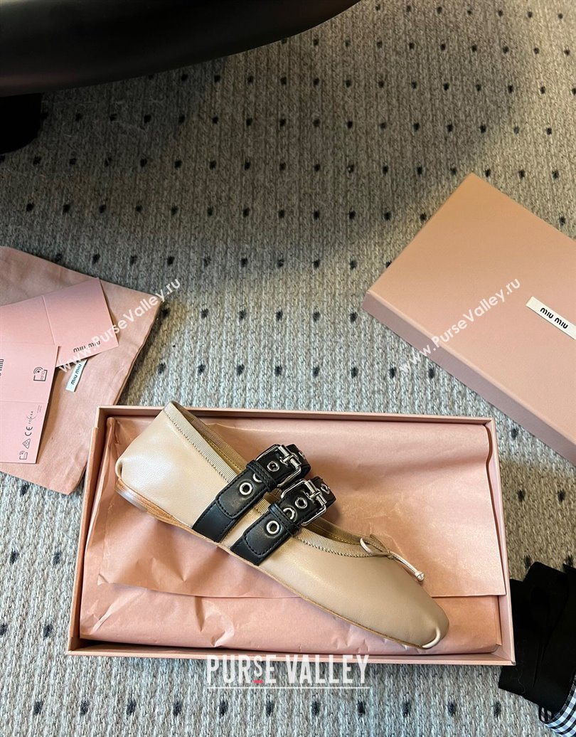 Miu Miu Nappa and Calf Leather Ballerinas Flat with Double Buckle and Laces Beige 2025 5F466A (KL-251025046)