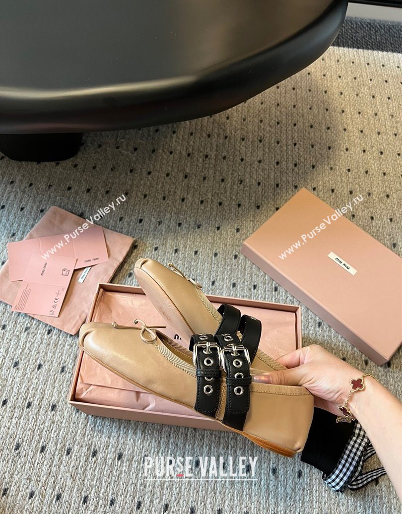 Miu Miu Nappa and Calf Leather Ballerinas Flat with Double Buckle and Laces Beige 2025 5F466A (KL-251025046)