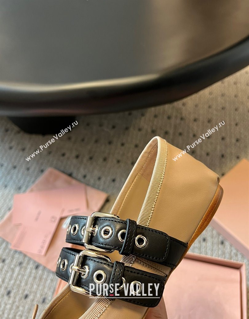 Miu Miu Nappa and Calf Leather Ballerinas Flat with Double Buckle and Laces Beige 2025 5F466A (KL-251025046)