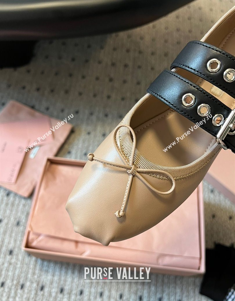 Miu Miu Nappa and Calf Leather Ballerinas Flat with Double Buckle and Laces Beige 2025 5F466A (KL-251025046)