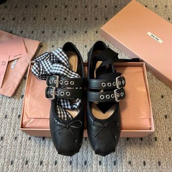 Miu Miu Nappa and Calf Leather Ballerinas Flat with Double Buckle and Laces Black 2025 5F466A (KL-251025047)