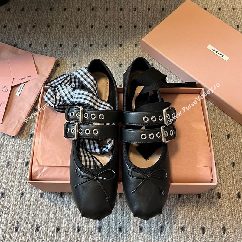Miu Miu Nappa and Calf Leather Ballerinas Flat with Double Buckle and Laces Black 2025 5F466A (KL-251025047)