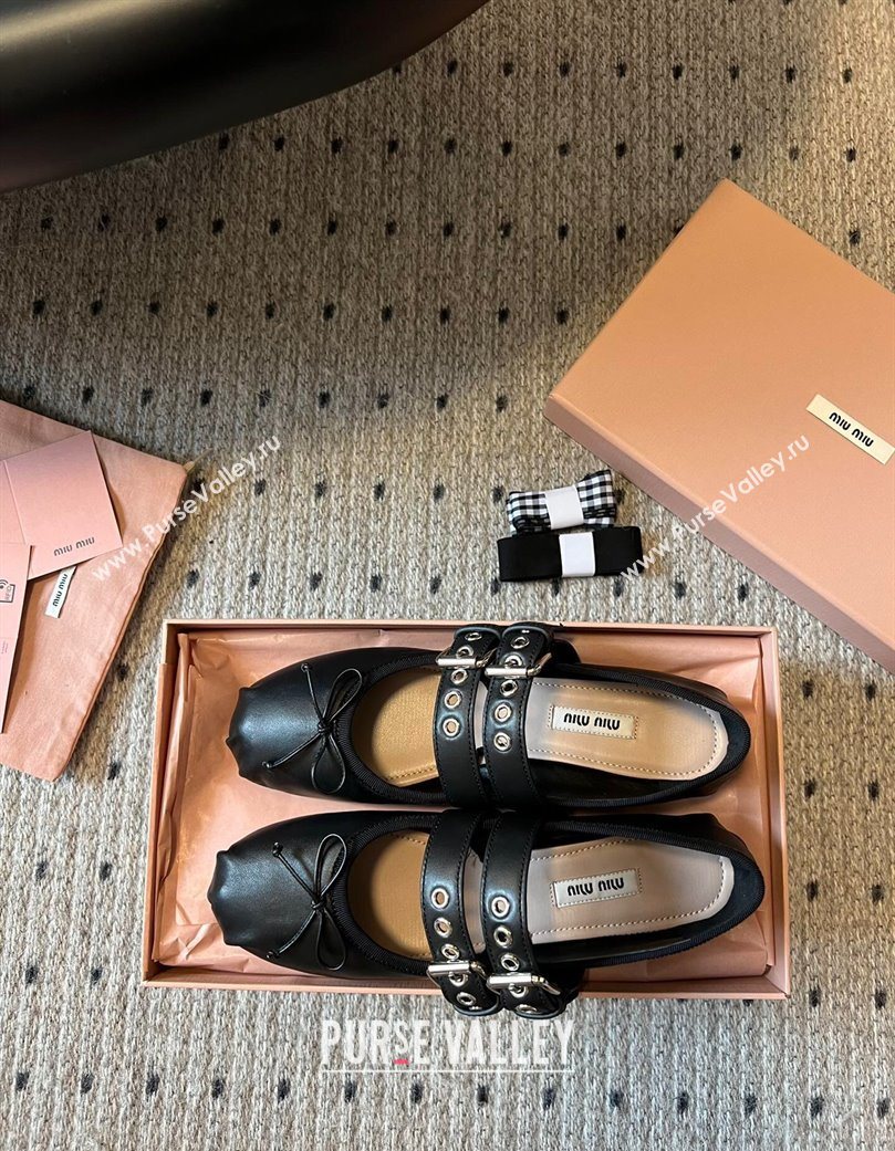 Miu Miu Nappa and Calf Leather Ballerinas Flat with Double Buckle and Laces Black 2025 5F466A (KL-251025047)