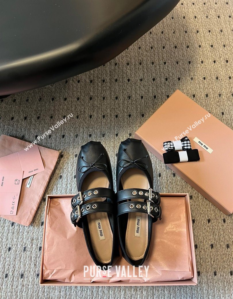 Miu Miu Nappa and Calf Leather Ballerinas Flat with Double Buckle and Laces Black 2025 5F466A (KL-251025047)