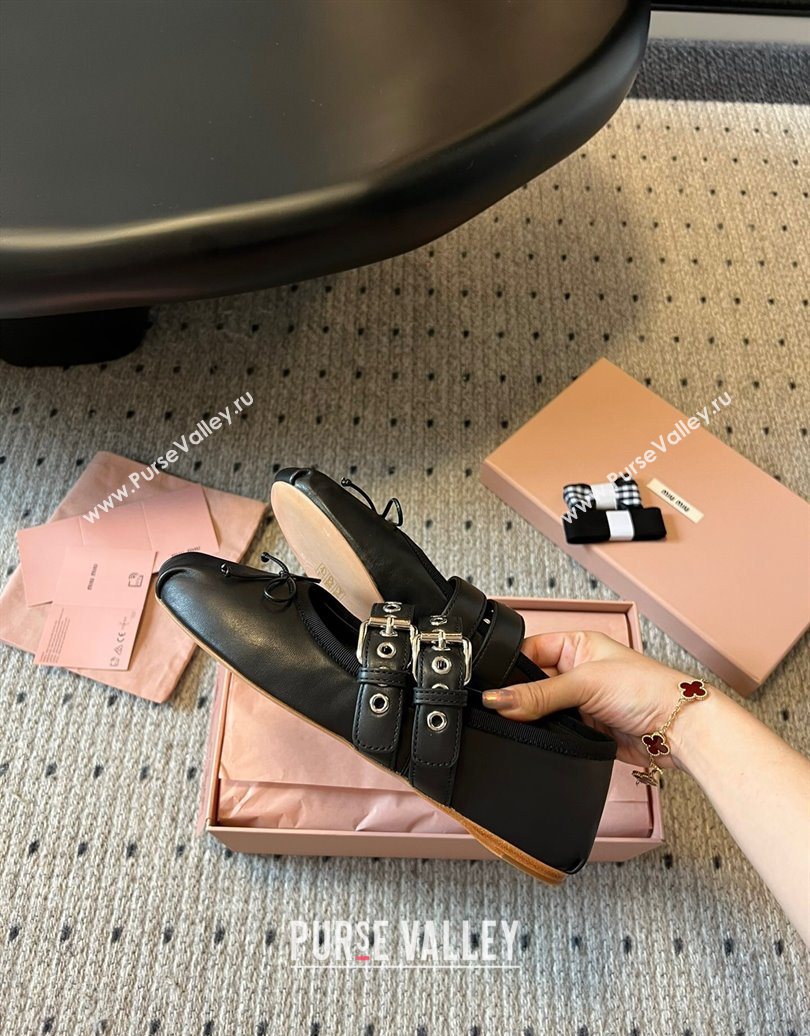 Miu Miu Nappa and Calf Leather Ballerinas Flat with Double Buckle and Laces Black 2025 5F466A (KL-251025047)