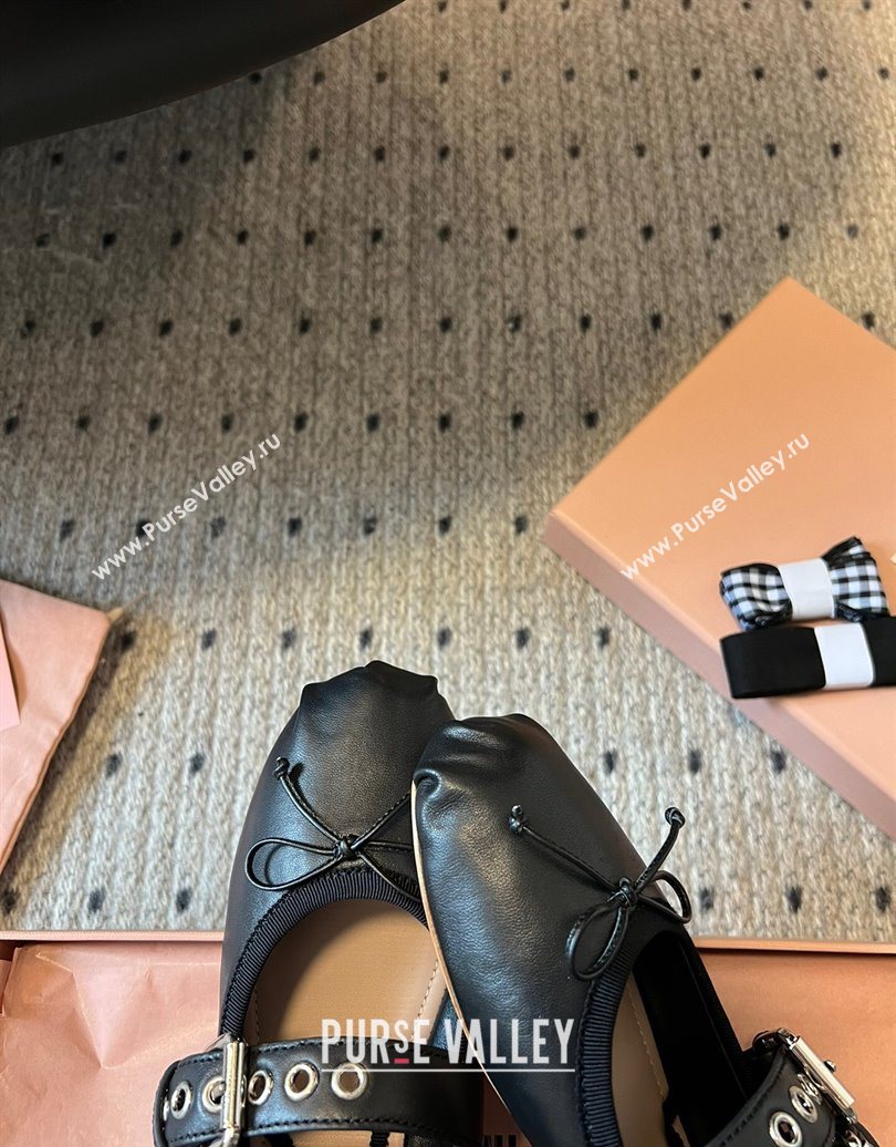 Miu Miu Nappa and Calf Leather Ballerinas Flat with Double Buckle and Laces Black 2025 5F466A (KL-251025047)