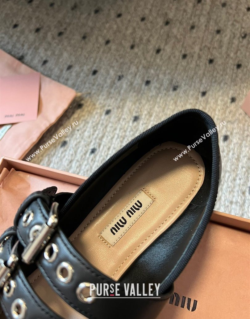 Miu Miu Nappa and Calf Leather Ballerinas Flat with Double Buckle and Laces Black 2025 5F466A (KL-251025047)