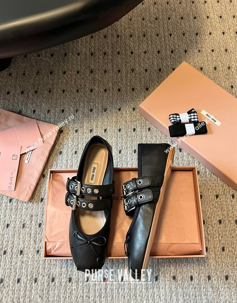 Miu Miu Nappa and Calf Leather Ballerinas Flat with Double Buckle and Laces Black 2025 5F466A (KL-251025047)