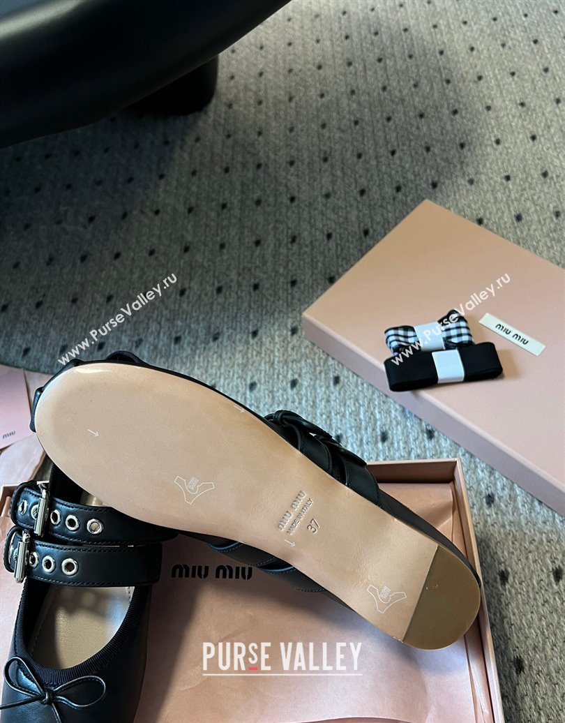 Miu Miu Nappa and Calf Leather Ballerinas Flat with Double Buckle and Laces Black 2025 5F466A (KL-251025047)