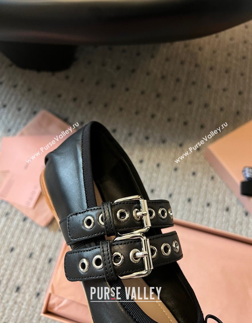 Miu Miu Nappa and Calf Leather Ballerinas Flat with Double Buckle and Laces Black 2025 5F466A (KL-251025047)