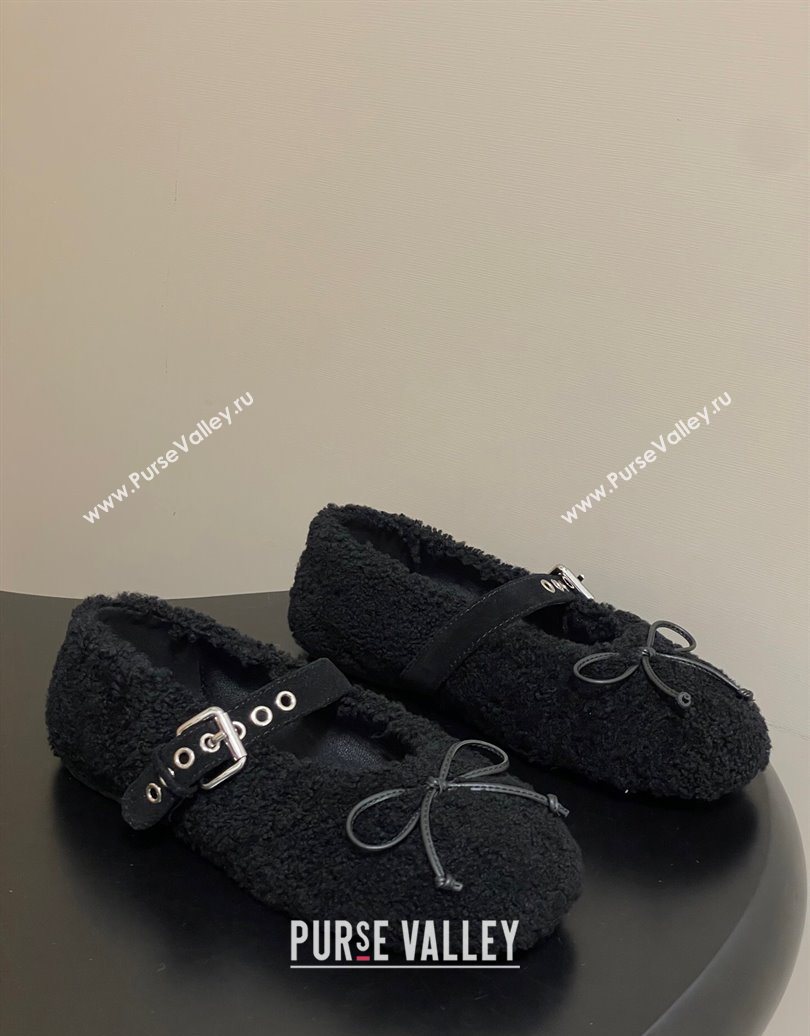 Miu Miu Shearling Ballerinas Flat with Buckle Strap Black 2025 5F272E (MD-251025048)