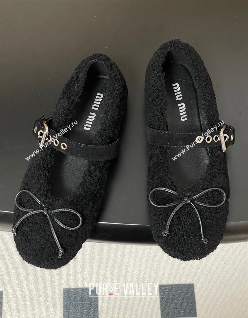 Miu Miu Shearling Ballerinas Flat with Buckle Strap Black 2025 5F272E (MD-251025048)