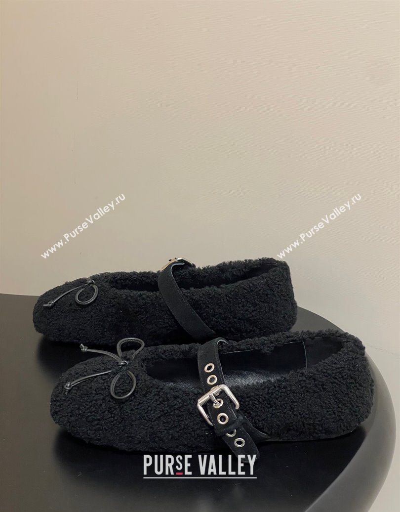 Miu Miu Shearling Ballerinas Flat with Buckle Strap Black 2025 5F272E (MD-251025048)