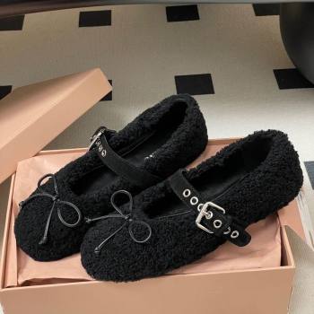 Miu Miu Shearling Ballerinas Flat with Buckle Strap Black 2025 5F272E (MD-251025048)