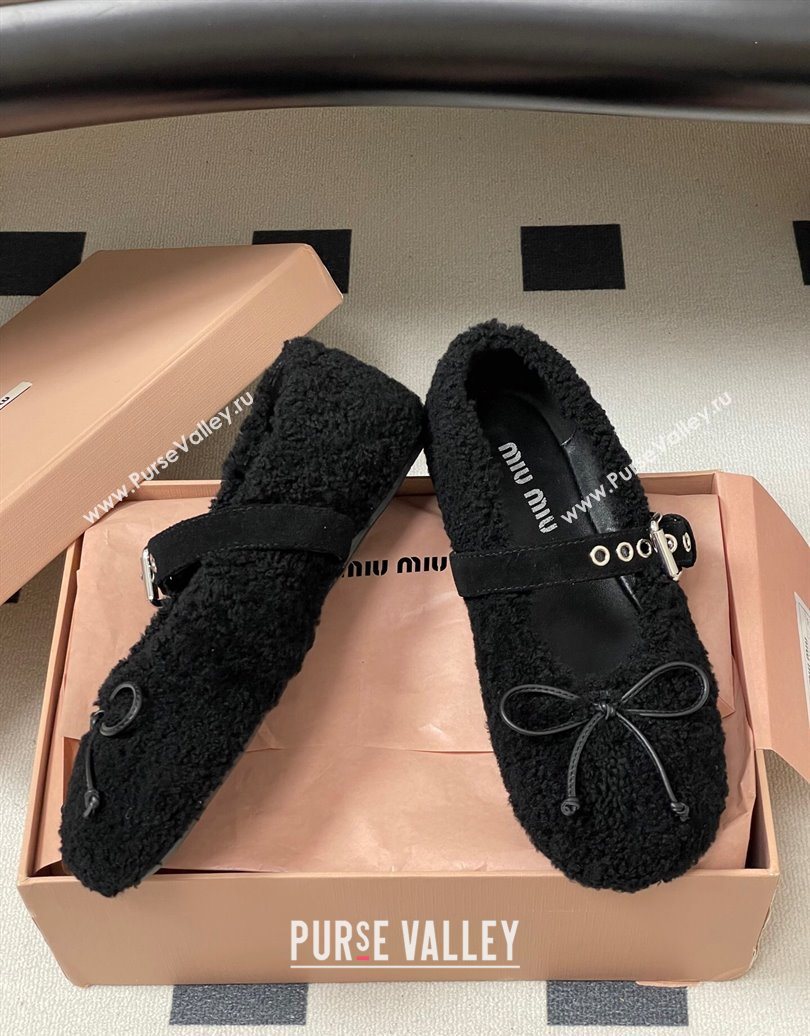 Miu Miu Shearling Ballerinas Flat with Buckle Strap Black 2025 5F272E (MD-251025048)