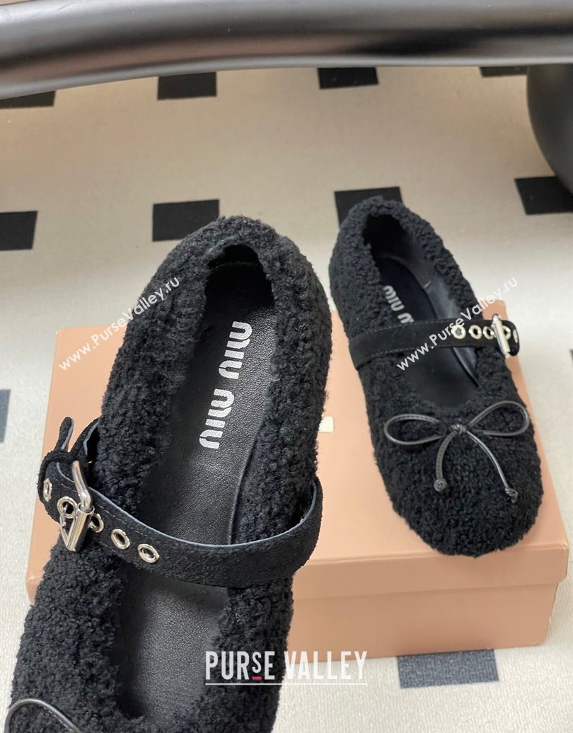 Miu Miu Shearling Ballerinas Flat with Buckle Strap Black 2025 5F272E (MD-251025048)