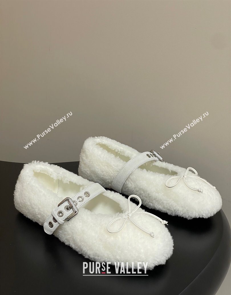 Miu Miu Shearling Ballerinas Flat with Buckle Strap White 2025 5F272E (MD-251025049)