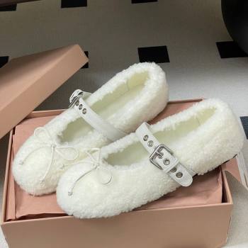 Miu Miu Shearling Ballerinas Flat with Buckle Strap White 2025 5F272E (MD-251025049)