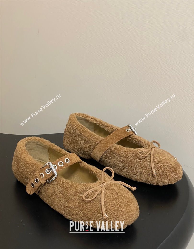 Miu Miu Shearling Ballerinas Flat with Buckle Strap Brown 2025 5F272E (MD-251025050)