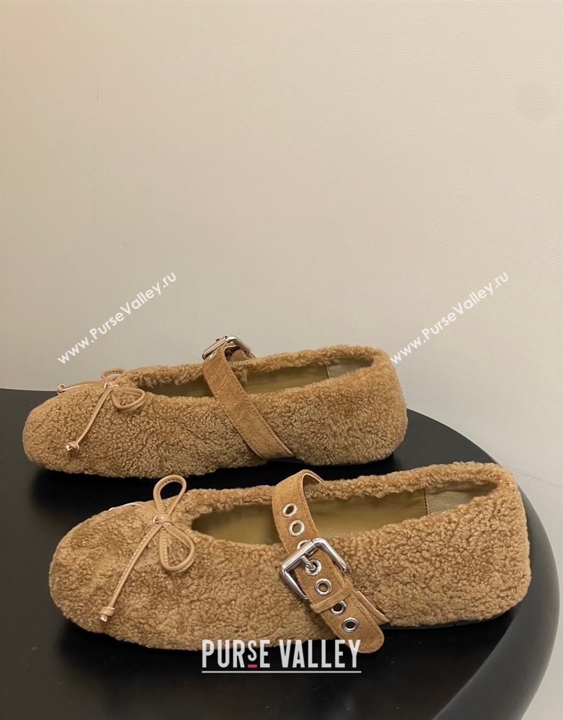 Miu Miu Shearling Ballerinas Flat with Buckle Strap Brown 2025 5F272E (MD-251025050)