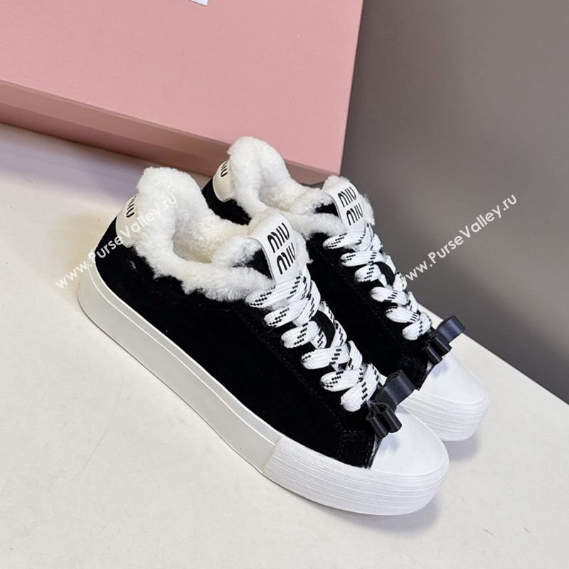 Miu Miu Suede and Wool Sneakers with Bow Black 2025 1024 (MD-251024087)