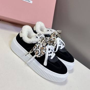 Miu Miu Suede and Wool Sneakers 4.5cm with Double Lace Black 2025 1024 (MD-251024091)
