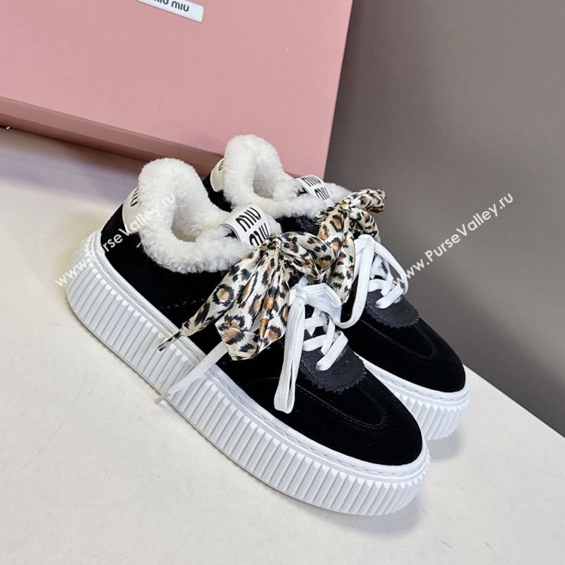 Miu Miu Suede and Wool Sneakers 4.5cm with Double Lace Black 2025 1024 (MD-251024091)
